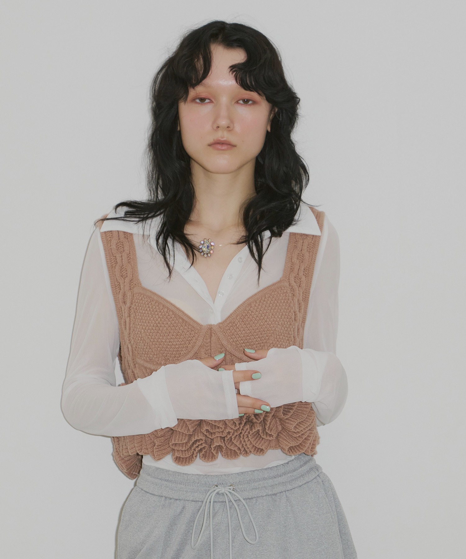 注文 ニッティングパターンボリュームフリルニットビスチェ