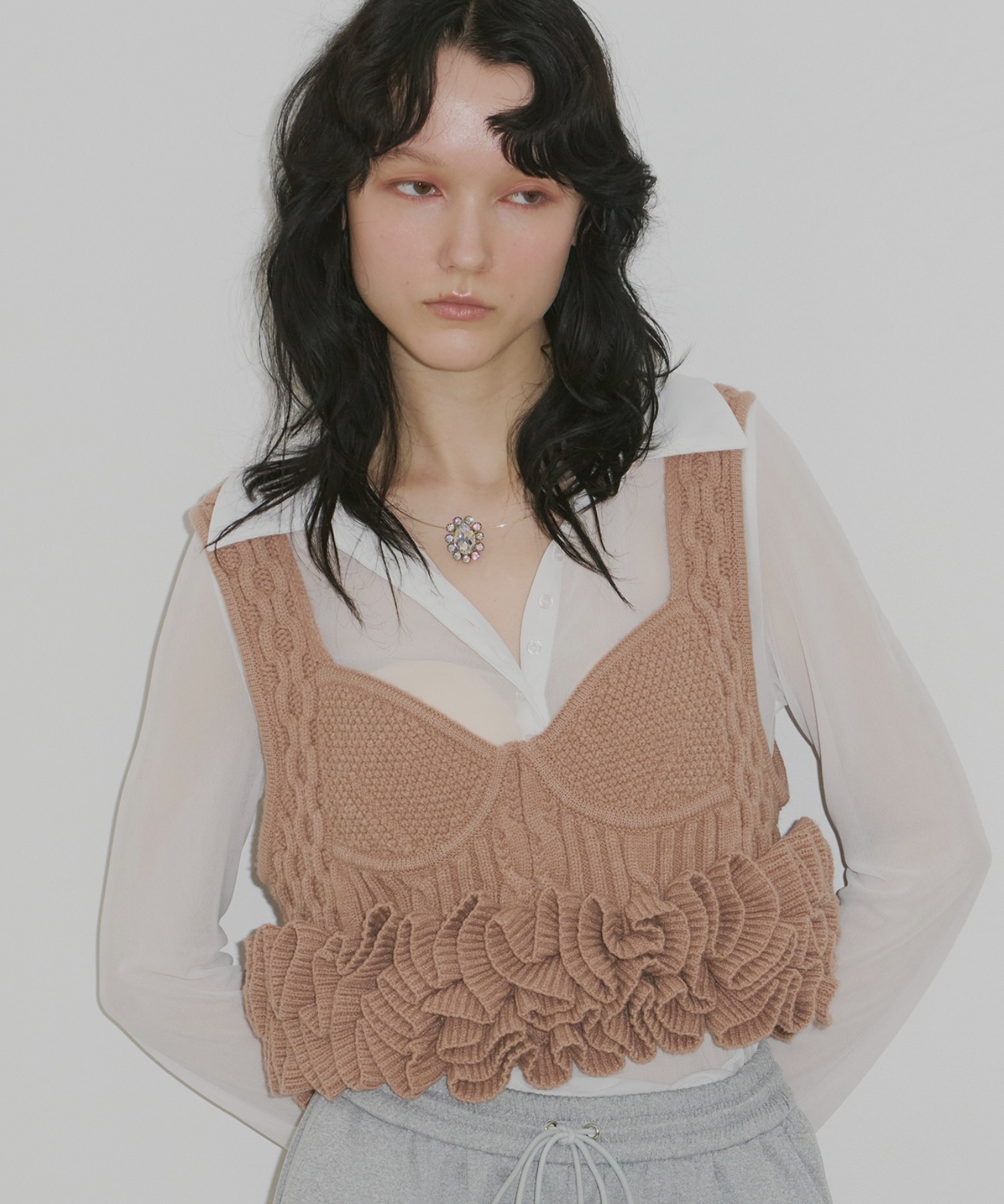 注文 ニッティングパターンボリュームフリルニットビスチェ