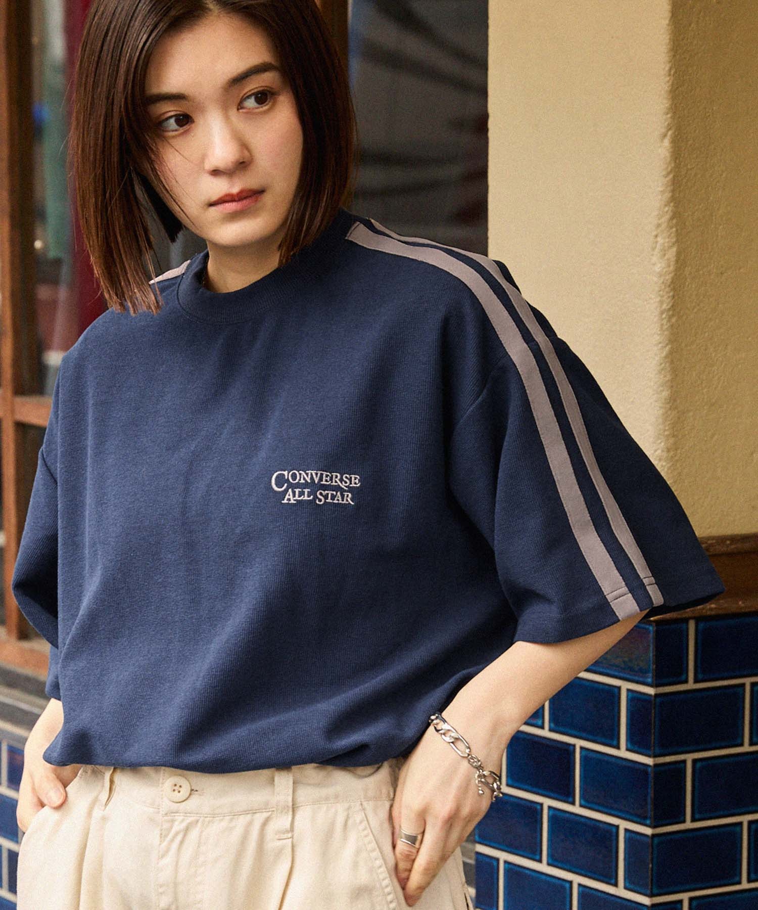 CONVERSE/コンバース ロゴ刺繍 サイドラインピケショートスリーブTシャツ