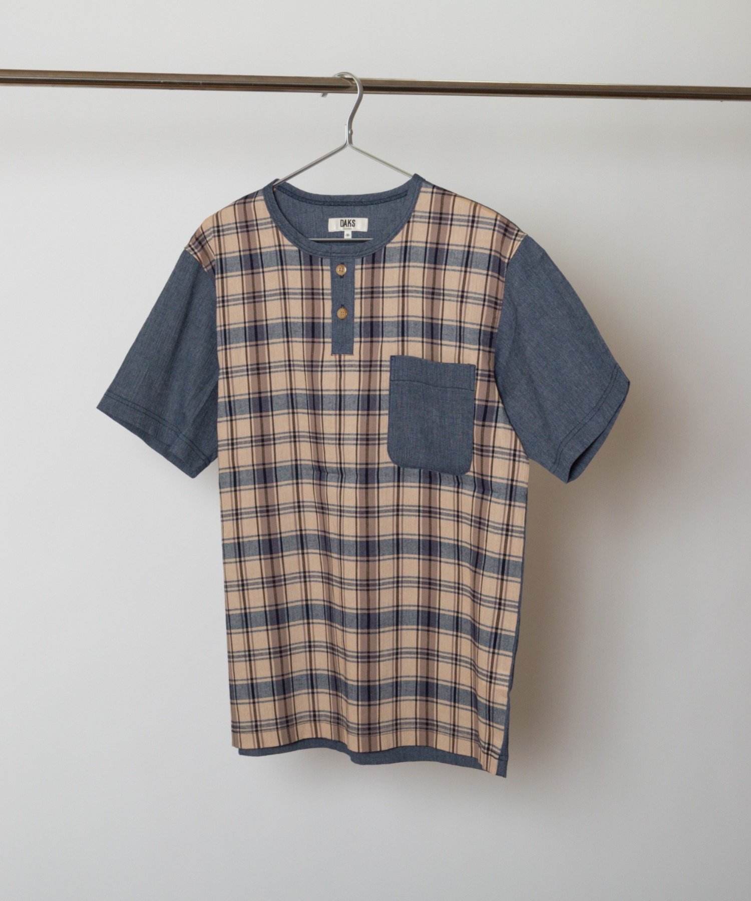 【DAKS】ハウスチェッククレープ　半袖ヘンリーネックトップス