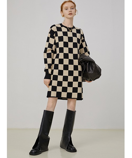 Fano Studios】Checkerboard knitted dress FQ21L019-ファッション通販