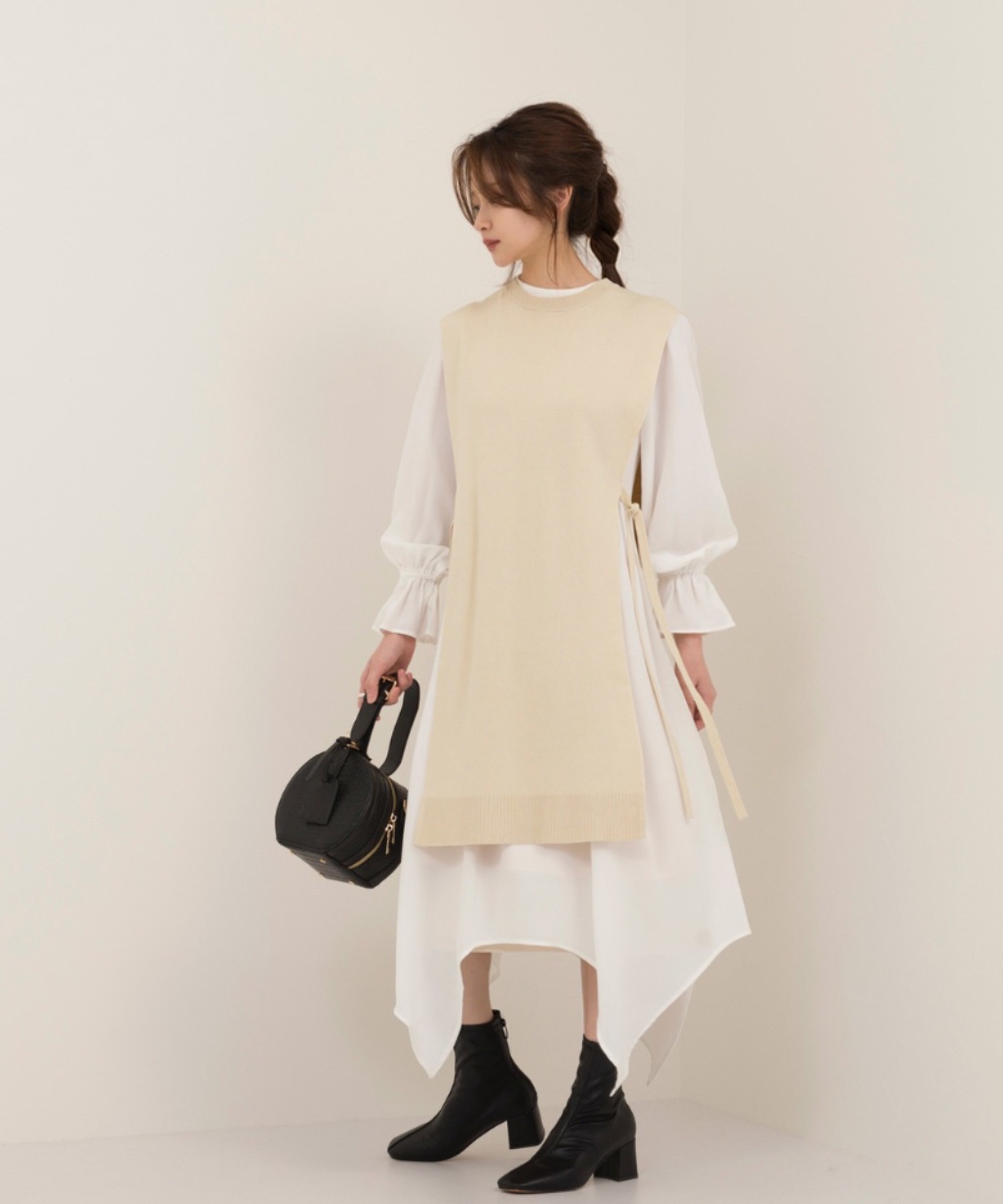 低身長向けsサイズ ロングベスト イレヘムシフォンワンピースセット