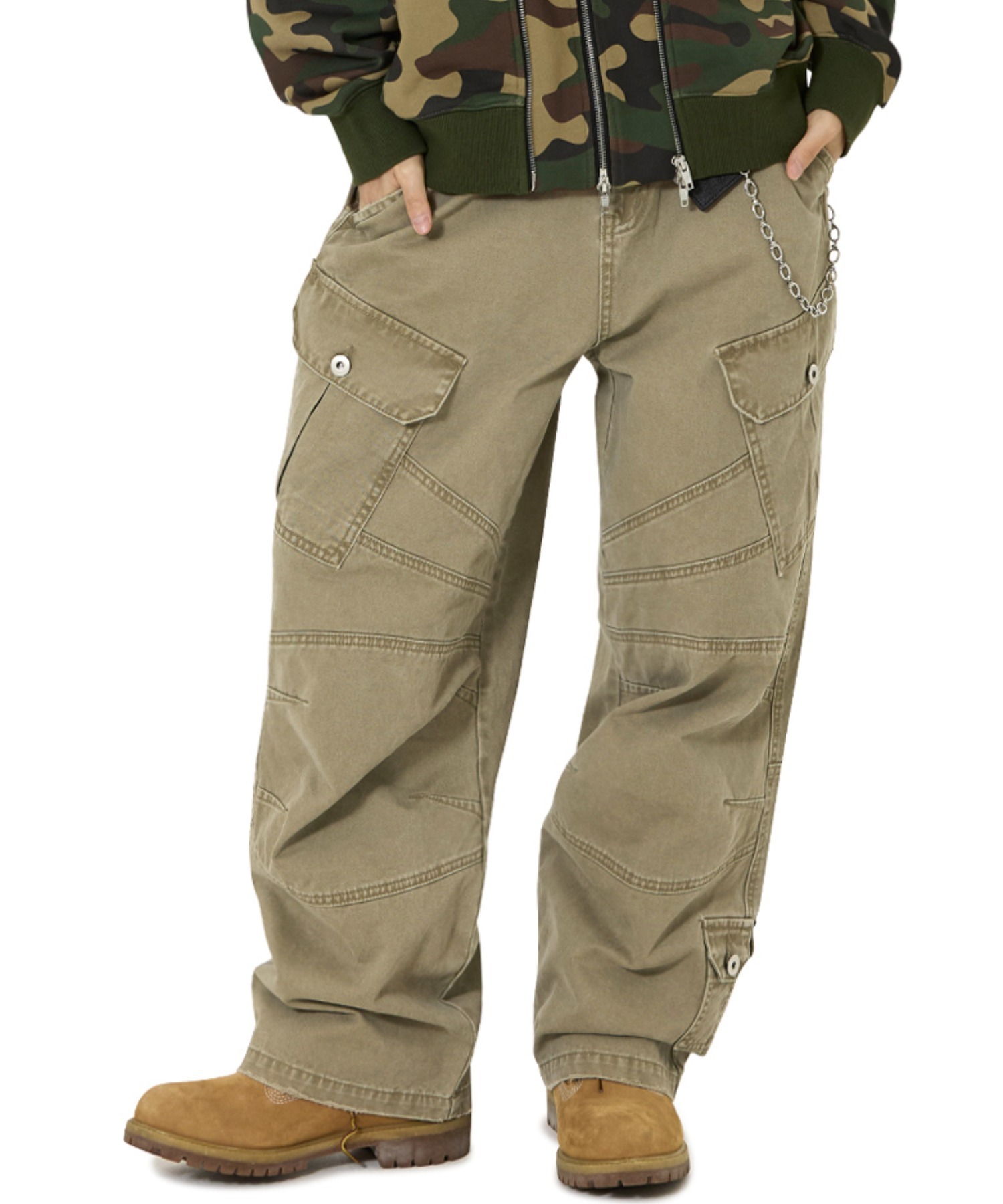 tough jeans ミリタリーオリーブ系色ウエストポーチ・HAYASHIGO Olive Baggy fit 8 Pocket Streetwear Pure Cotton Cargo Trousers