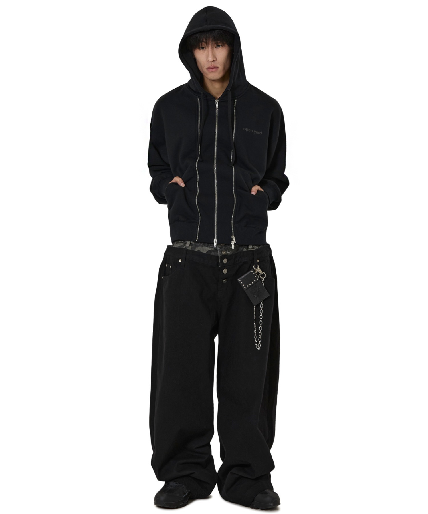 OY/オーワイ』LAYERED WAIST WIDE VOLUME PANTS/ブラックレイヤード
