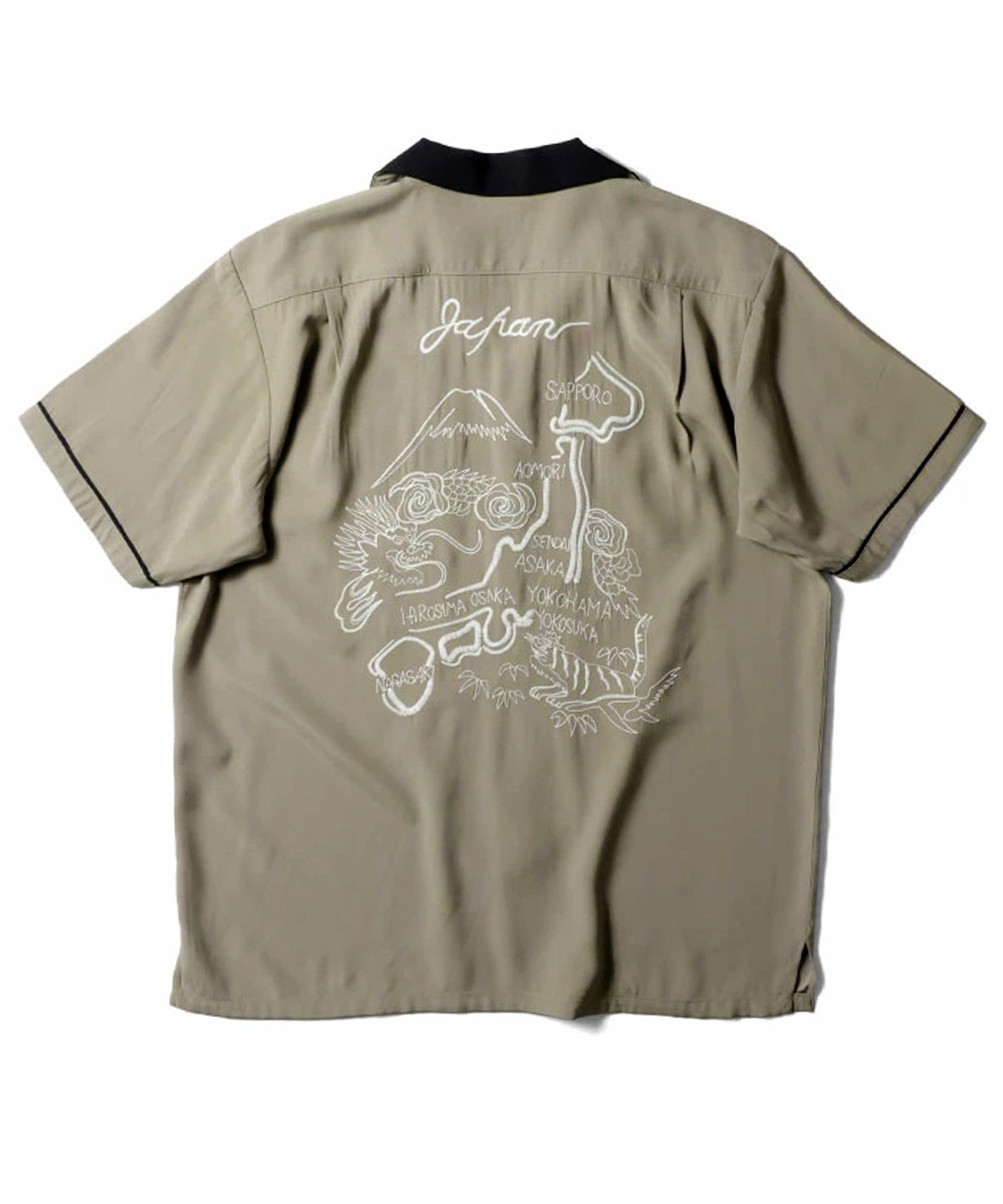 HOUSTON DRAGON MAP EMB RAYON SOUVENIR S/S SHIRT — сувернирная рубашка с вышивкой «дракон» и картой, рэйон, японский стиль,刺繍, ретро open collar