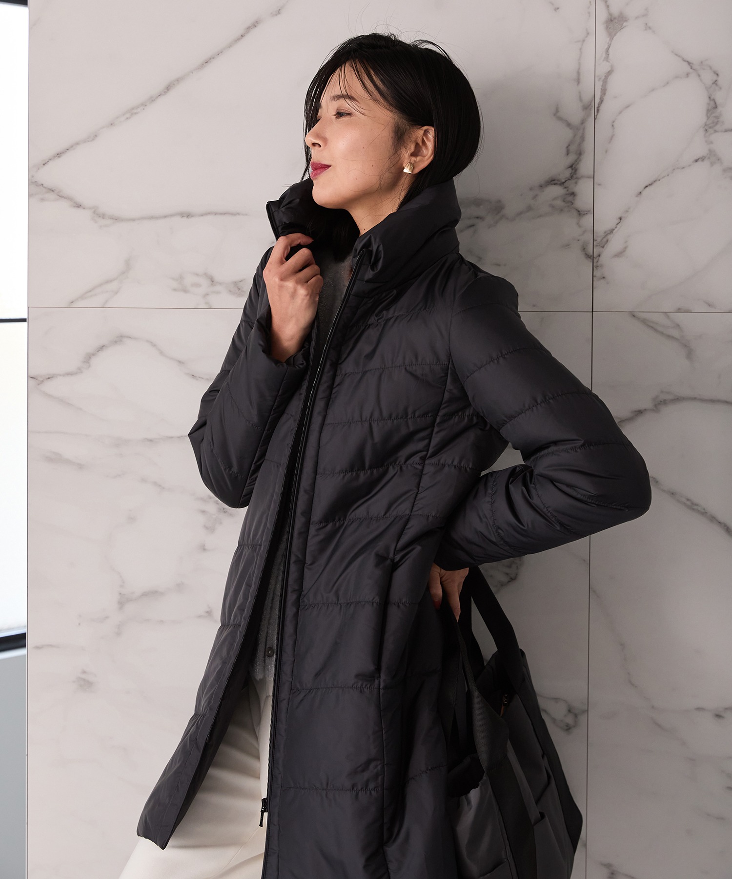 中綿ロングジャケットぬるま湯様 antiqua（アンティカ） サーモライト 中綿 ロングコート レディース