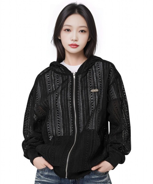 ★OY★LOGO STRIPED CROCHET HOODIE ZIP UP - BLACK★正規品 OY/オーワイ』 LOGO CROCHET HOODIE ZIP UP/ロゴクロシェフード