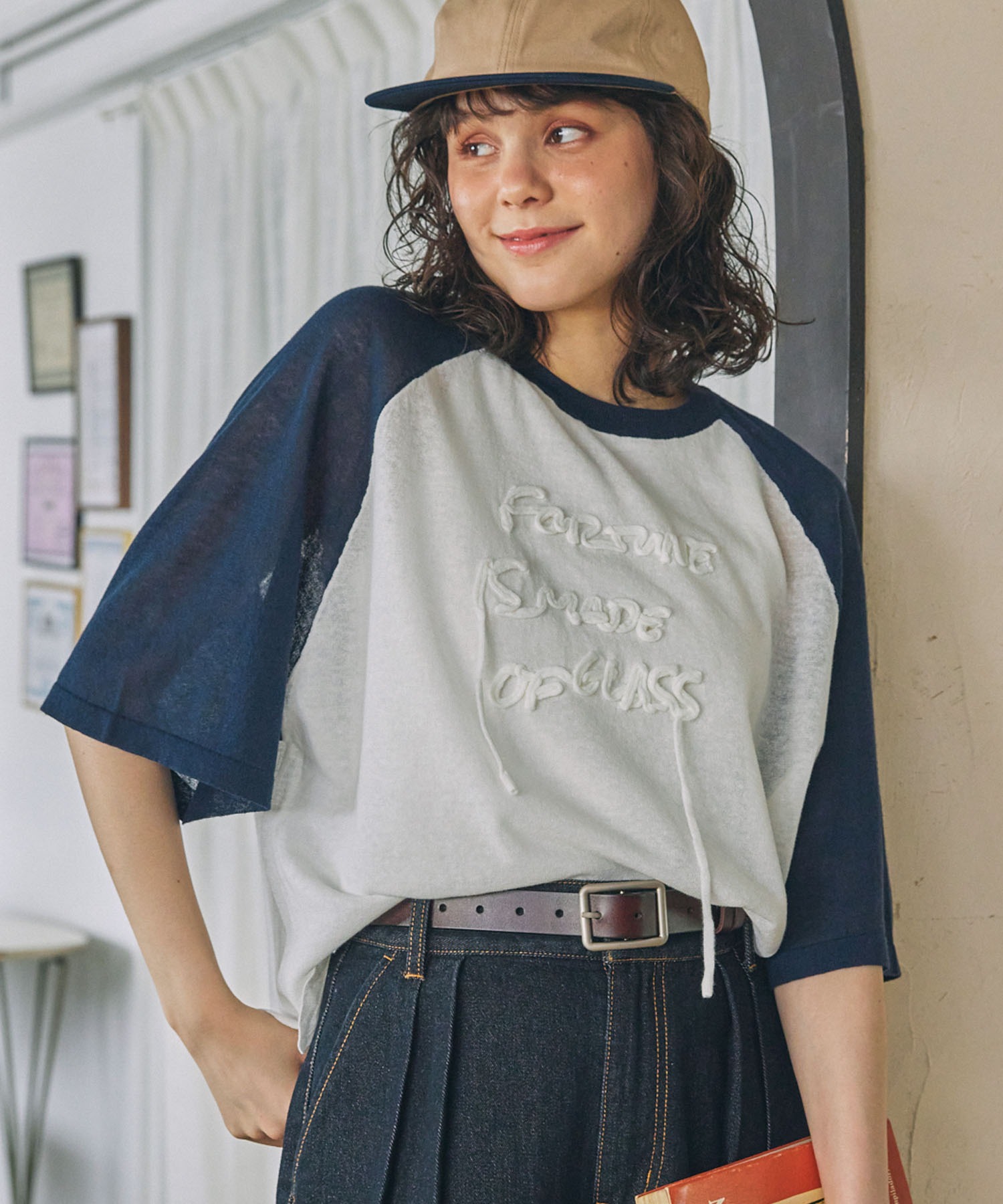 コード刺繍 メッセージロゴ サマーニット ラグラン 半袖Tシャツ