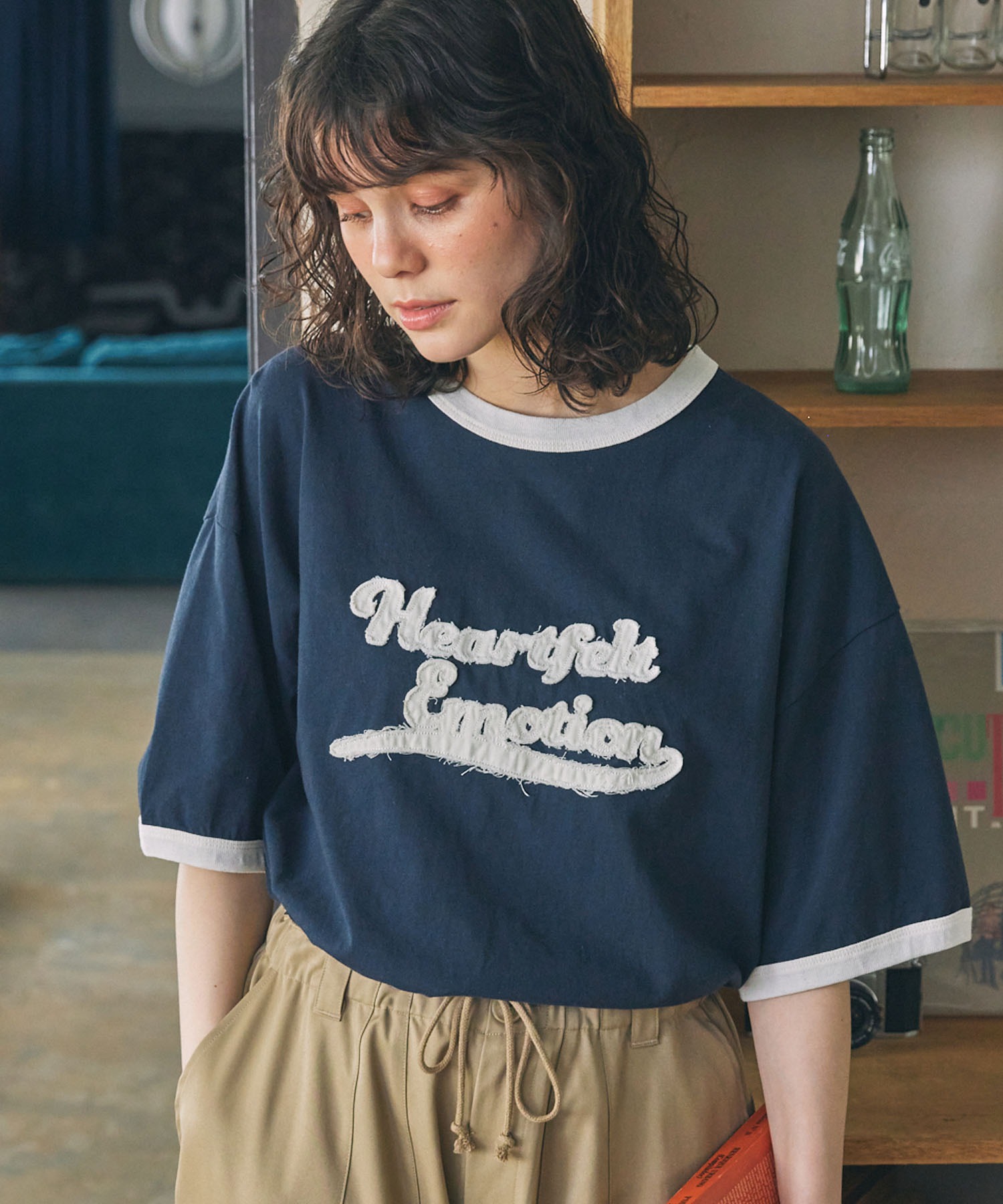 パッチ刺繍 メッセージロゴ リンガー半袖Tシャツ MONO-MART LADY'S