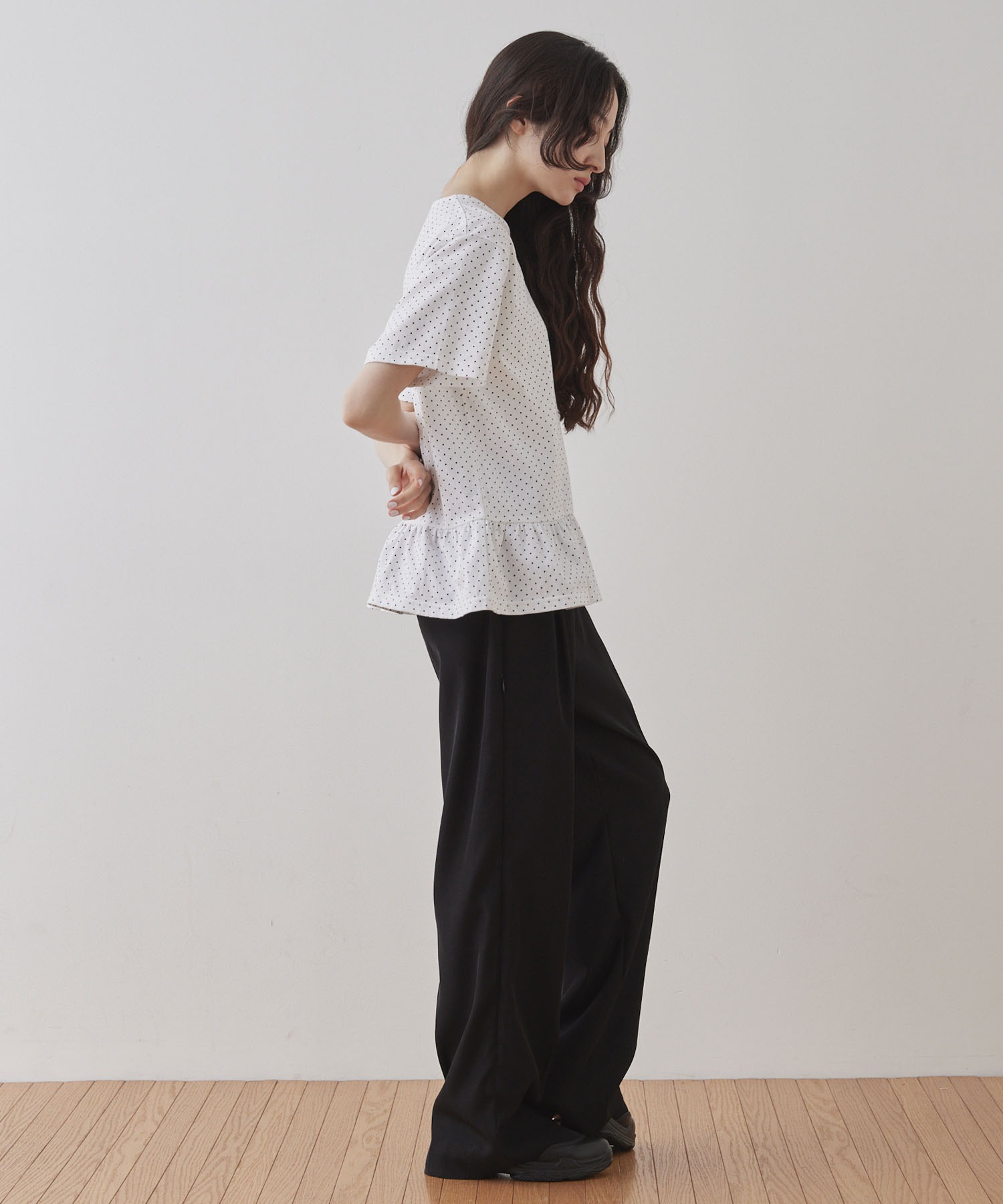 Unblend】裾フリル ドット柄 ハーフスリーブTシャツ MONO-MART