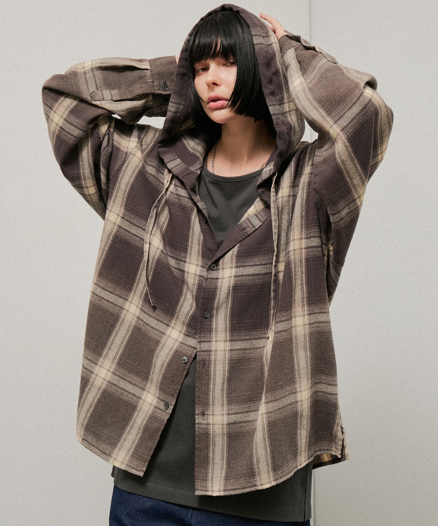 Alfred Alex】Gradation Check Hooded Shirt / グラデーションチェック