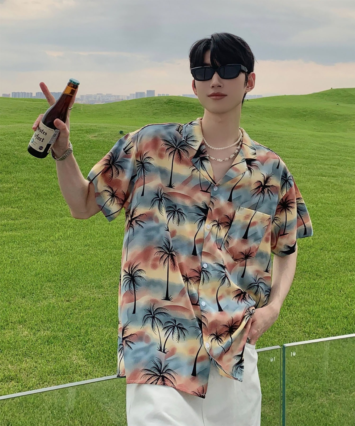 Sunset parm tree open collar aloha shirt WO26S15TP18