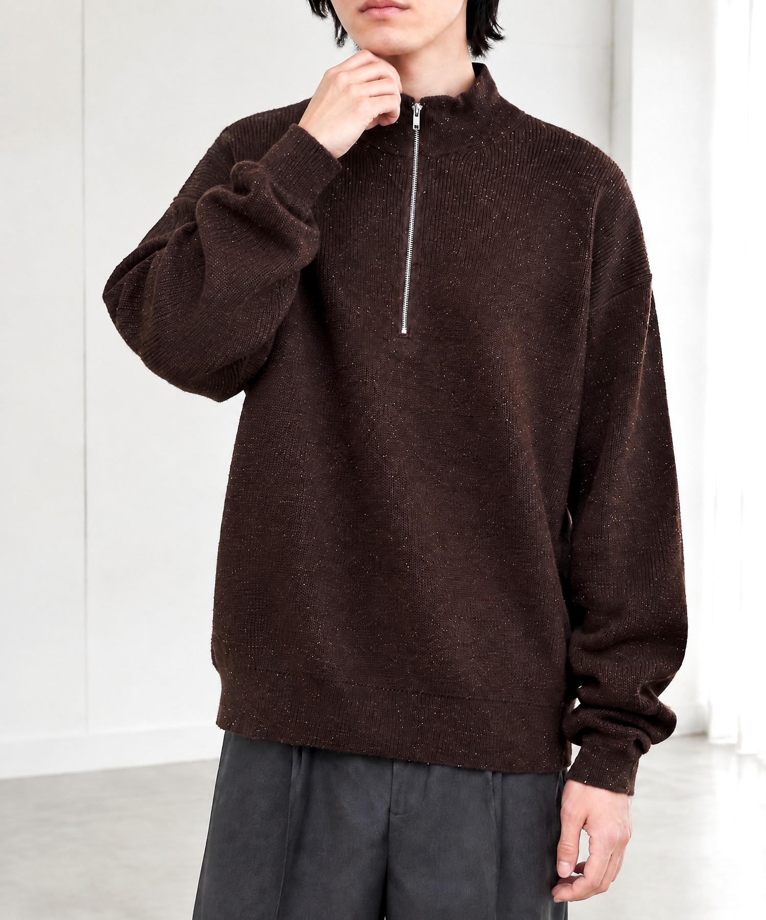 メランジネップ 畦編み ボックスシルエット ハーフジップニット MONO