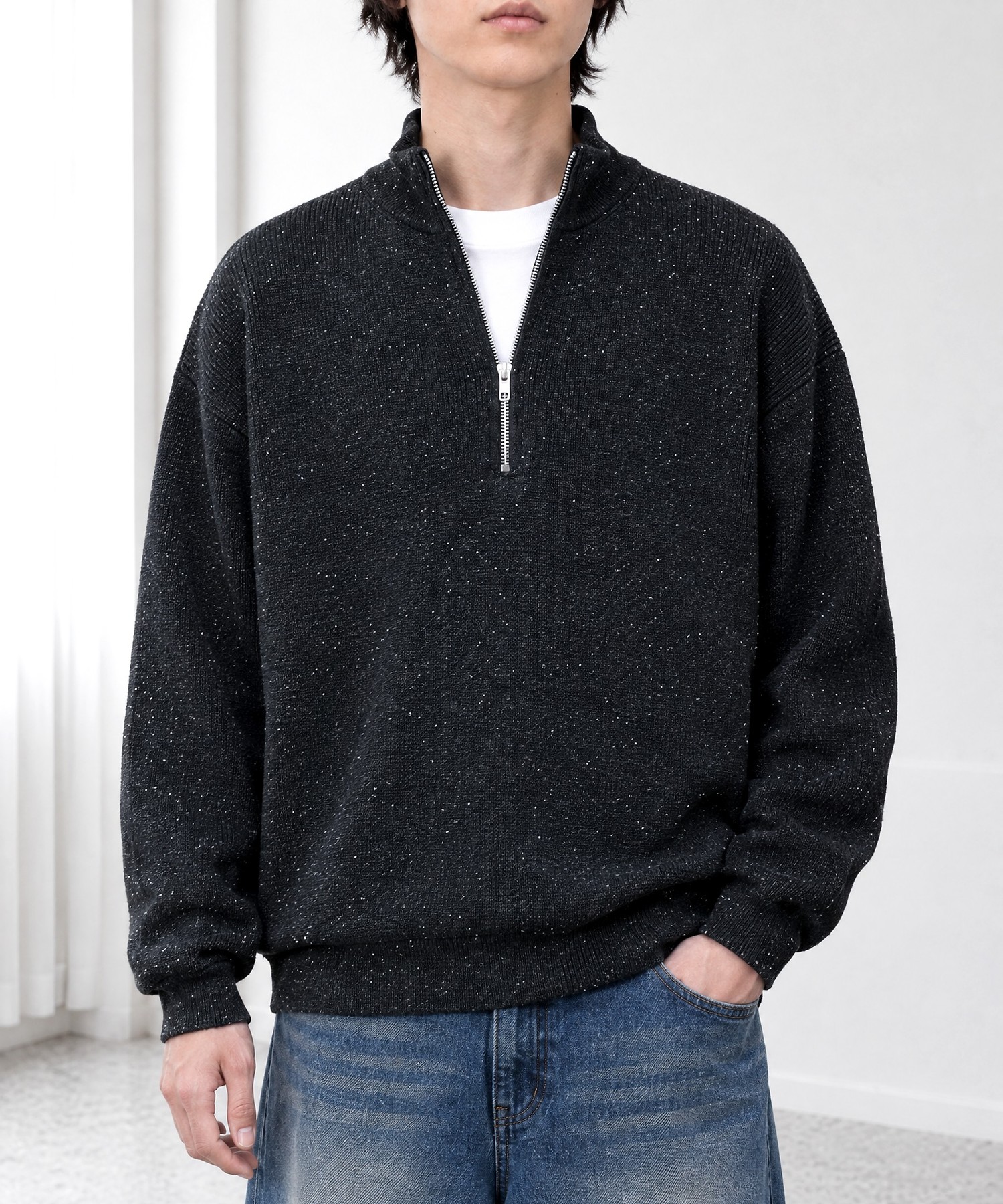 メランジネップ 畦編み ボックスシルエット ハーフジップニット MONO