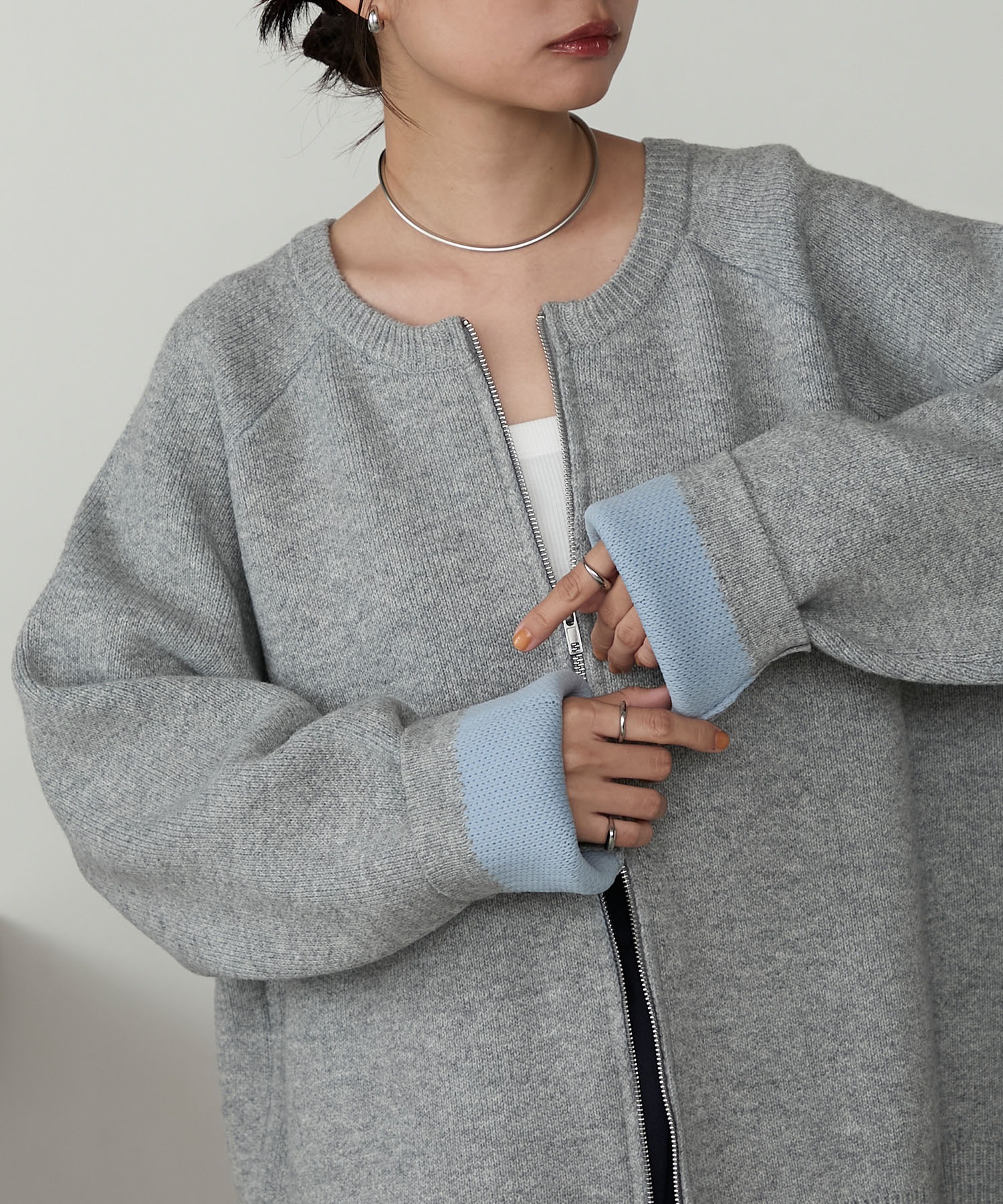 ダブルフェイス 配色 ニット ダブルジップ ブルゾン MONO-MART