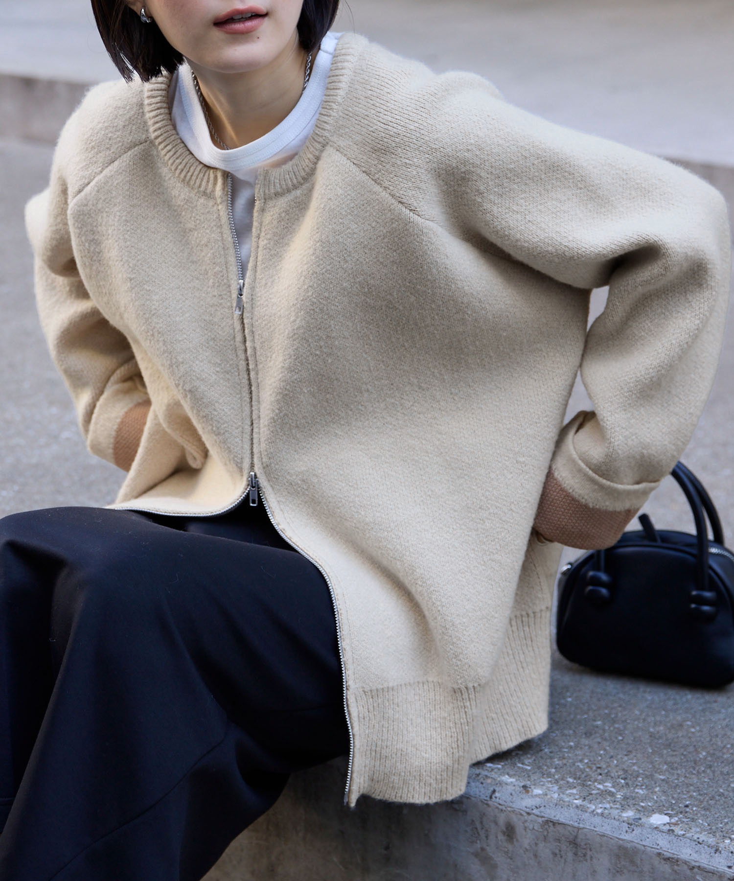 バイカラー配色ダブルフェイスルーズニットカーディガン MONO-MART