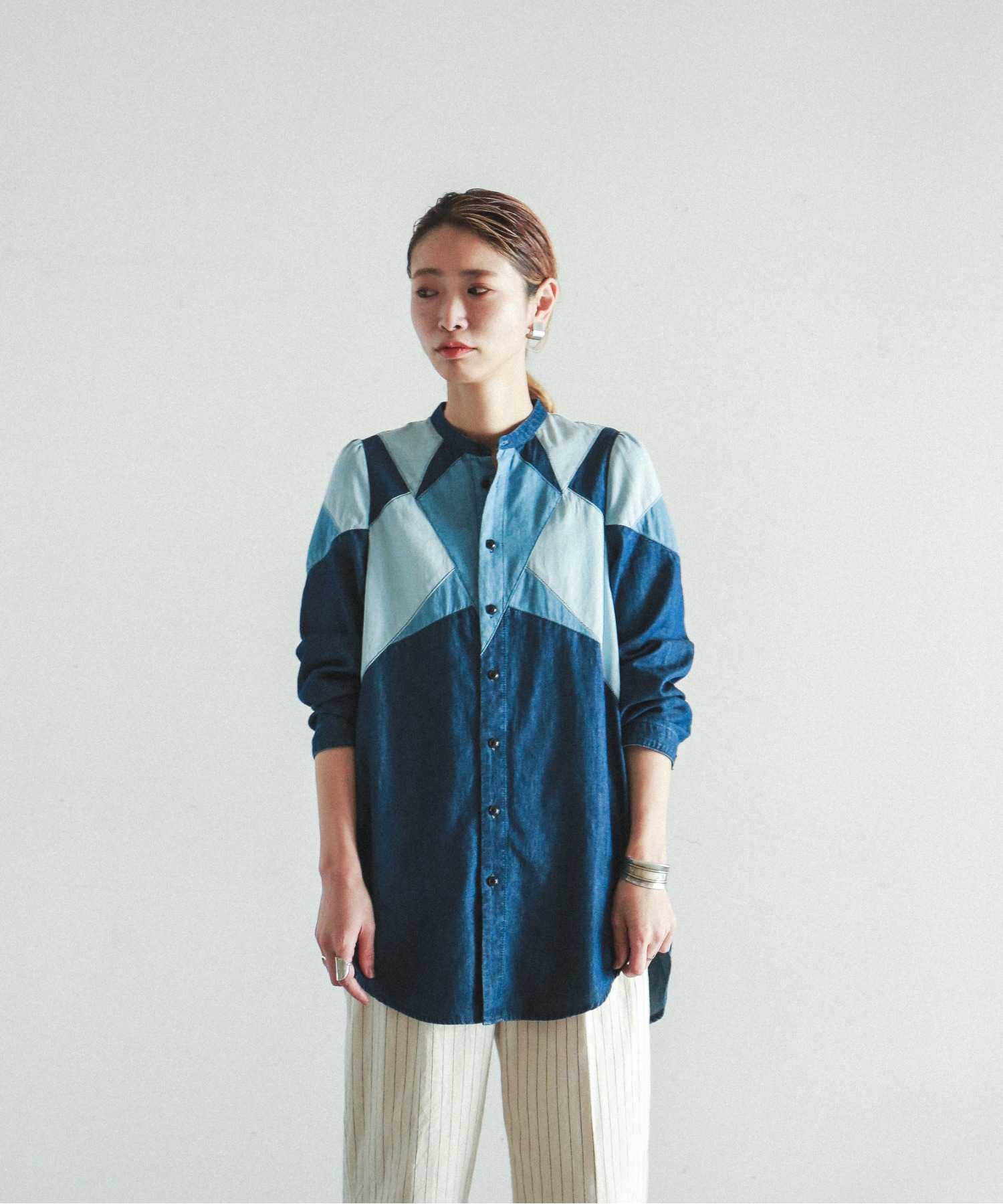パッチワークデニム ロングシャツ セットアップ