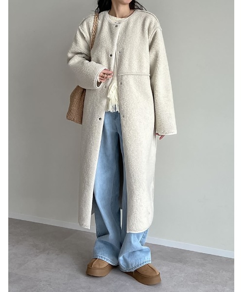 [低身長サイズ有]ダブルフェイスボアフェイクムートンノーカラーコート