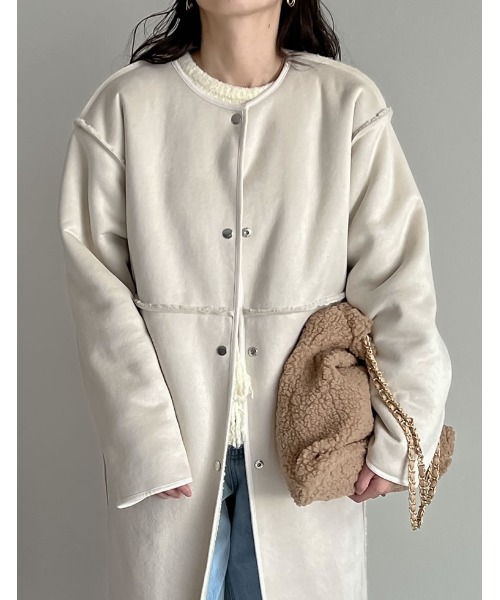 [低身長サイズ有]ダブルフェイスボアフェイクムートンノーカラーコート