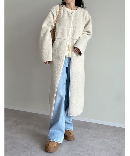 [低身長サイズ有]ダブルフェイスボアフェイクムートンノーカラーコート