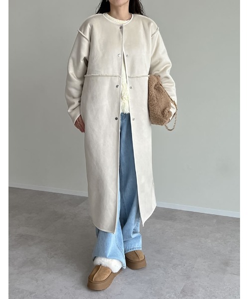 [低身長サイズ有]ダブルフェイスボアフェイクムートンノーカラーコート