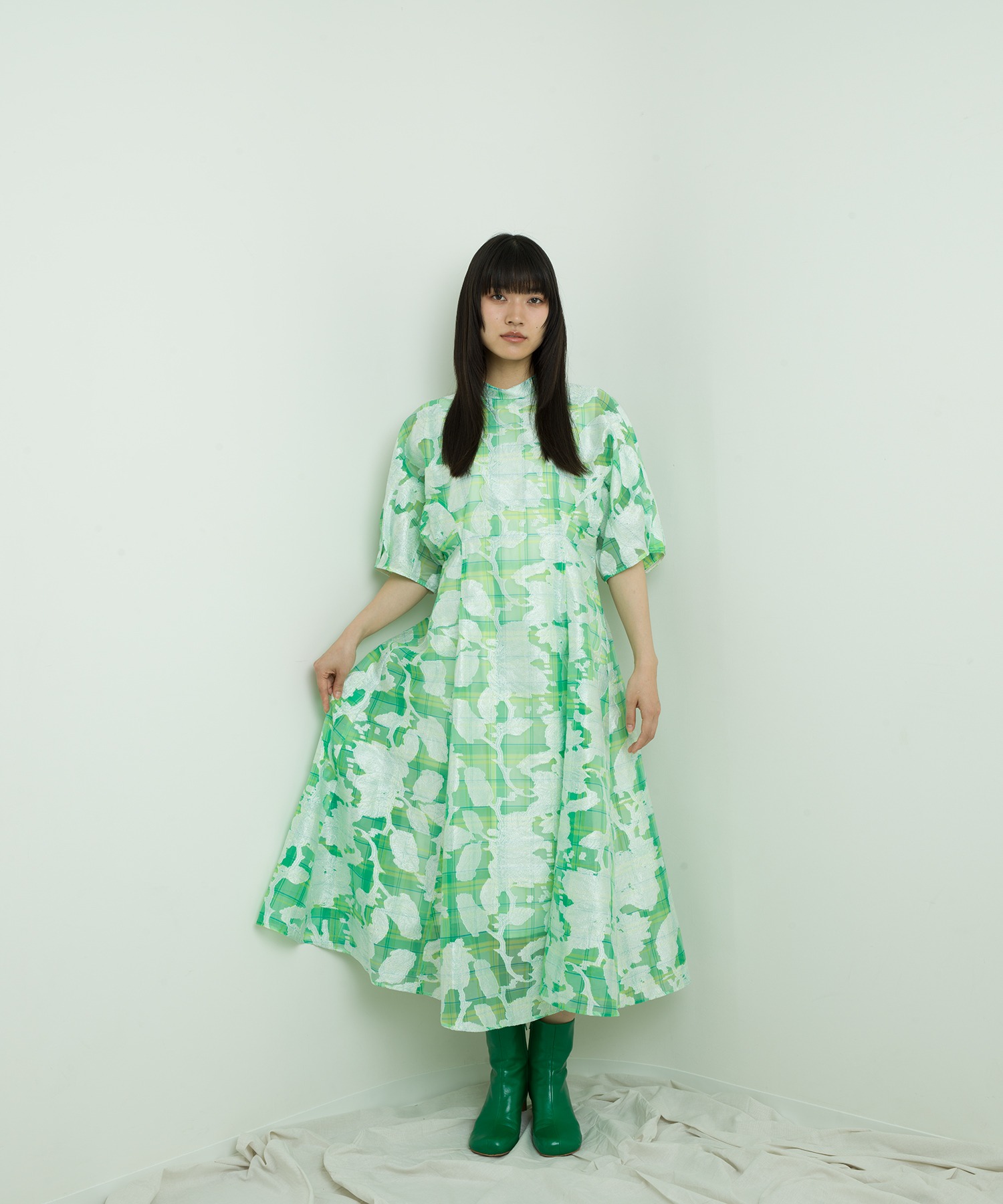 moyan ecriシアー花柄チェックワンピースopal sheer check dress