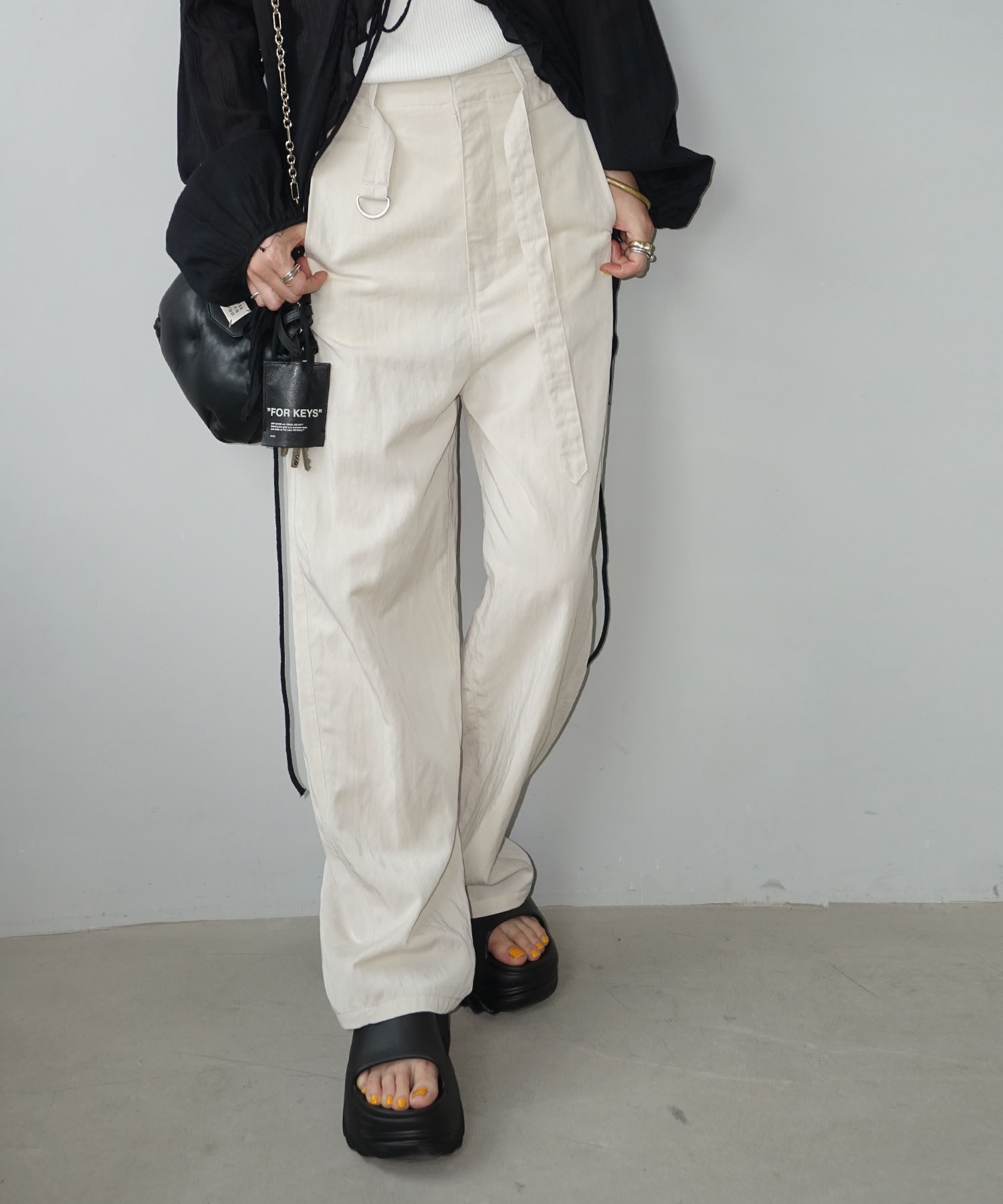 ベルト付き テクスチャー ハイウエストパンツ chw25s068-ファッション