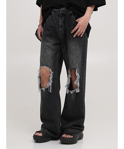 M.P Studios】Semi-flared knee damage processing denim pants