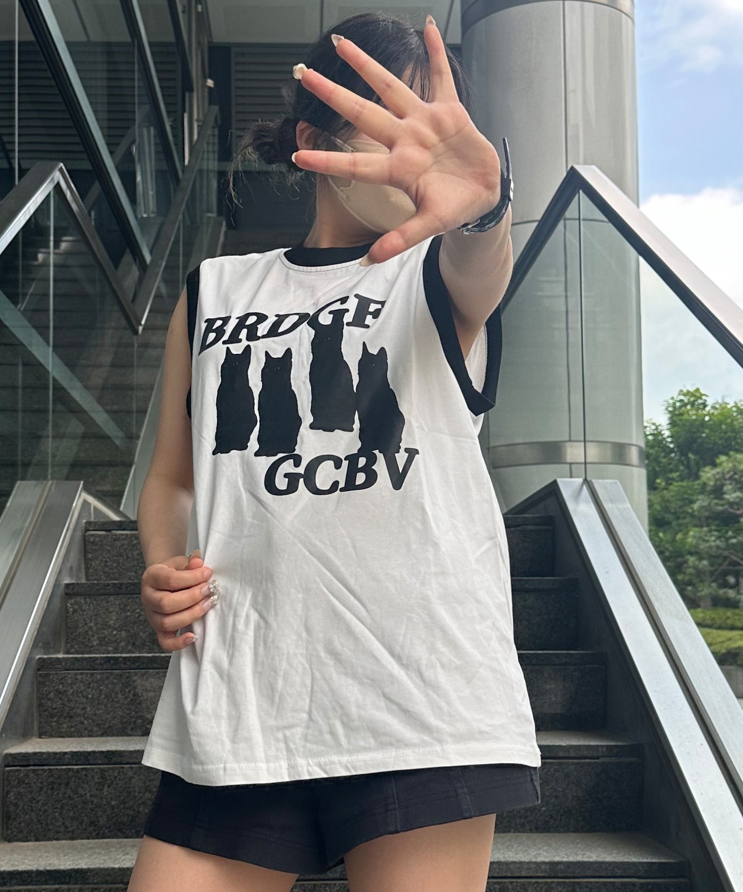 韓国商品/THREE TIMES Meow tank top 韓国 threetimes】Jewel tank top cropped length (threetimes