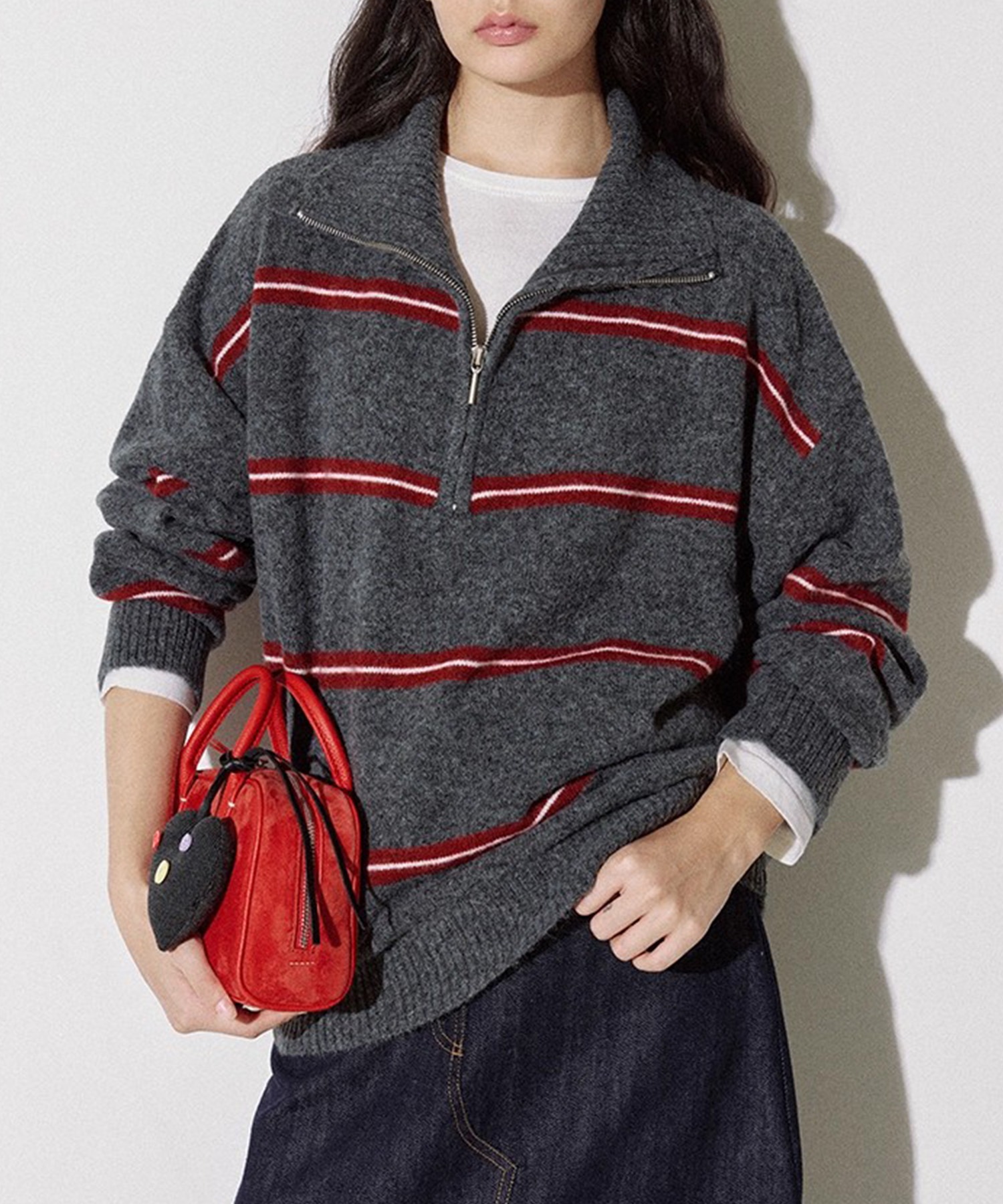 ボーダー柄 ハーフジップ ウールニットトップス FQ25S176【Fano