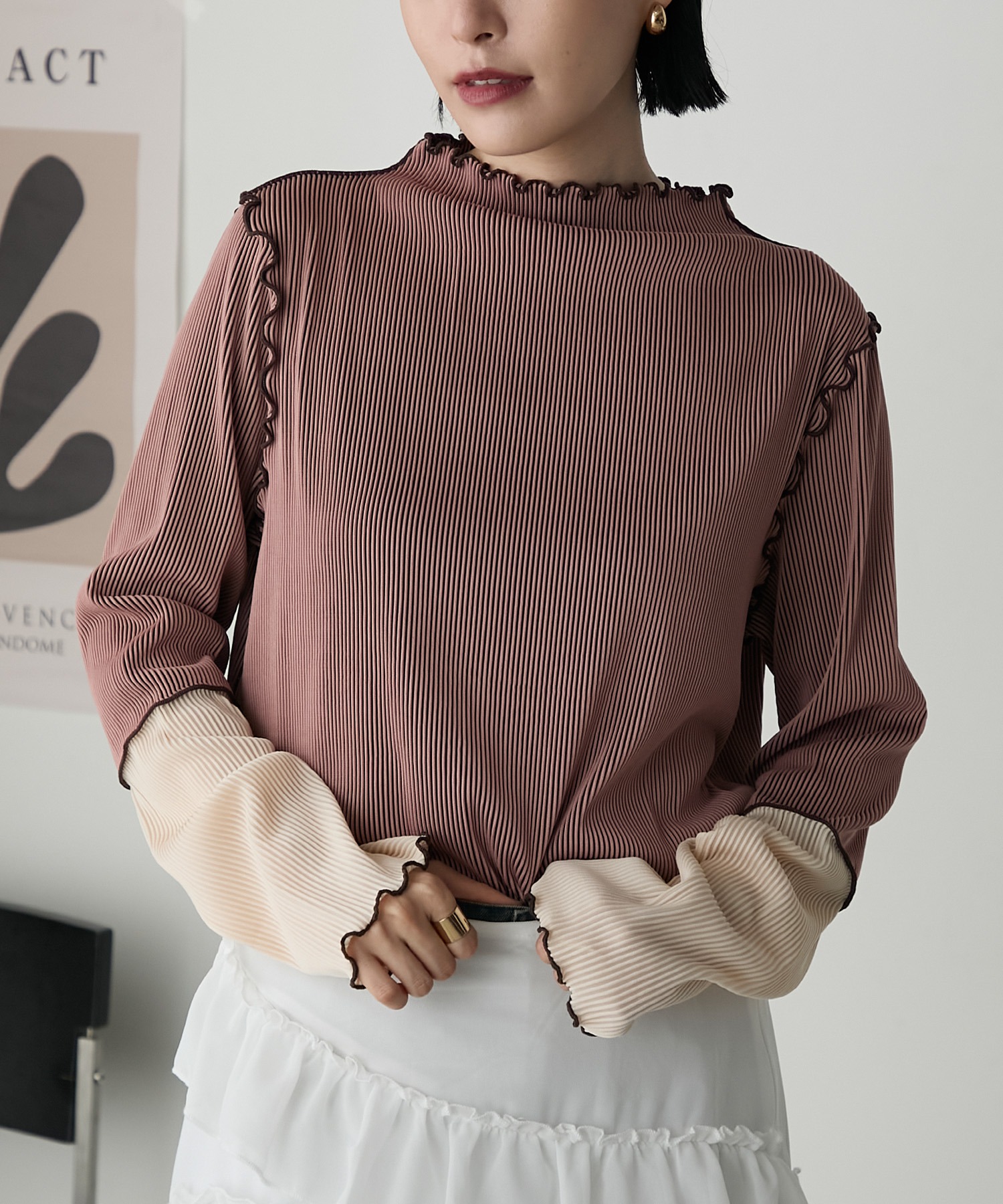 forksy.】袖口配色プリーツメロー切替シアートップス forksy.│MONO