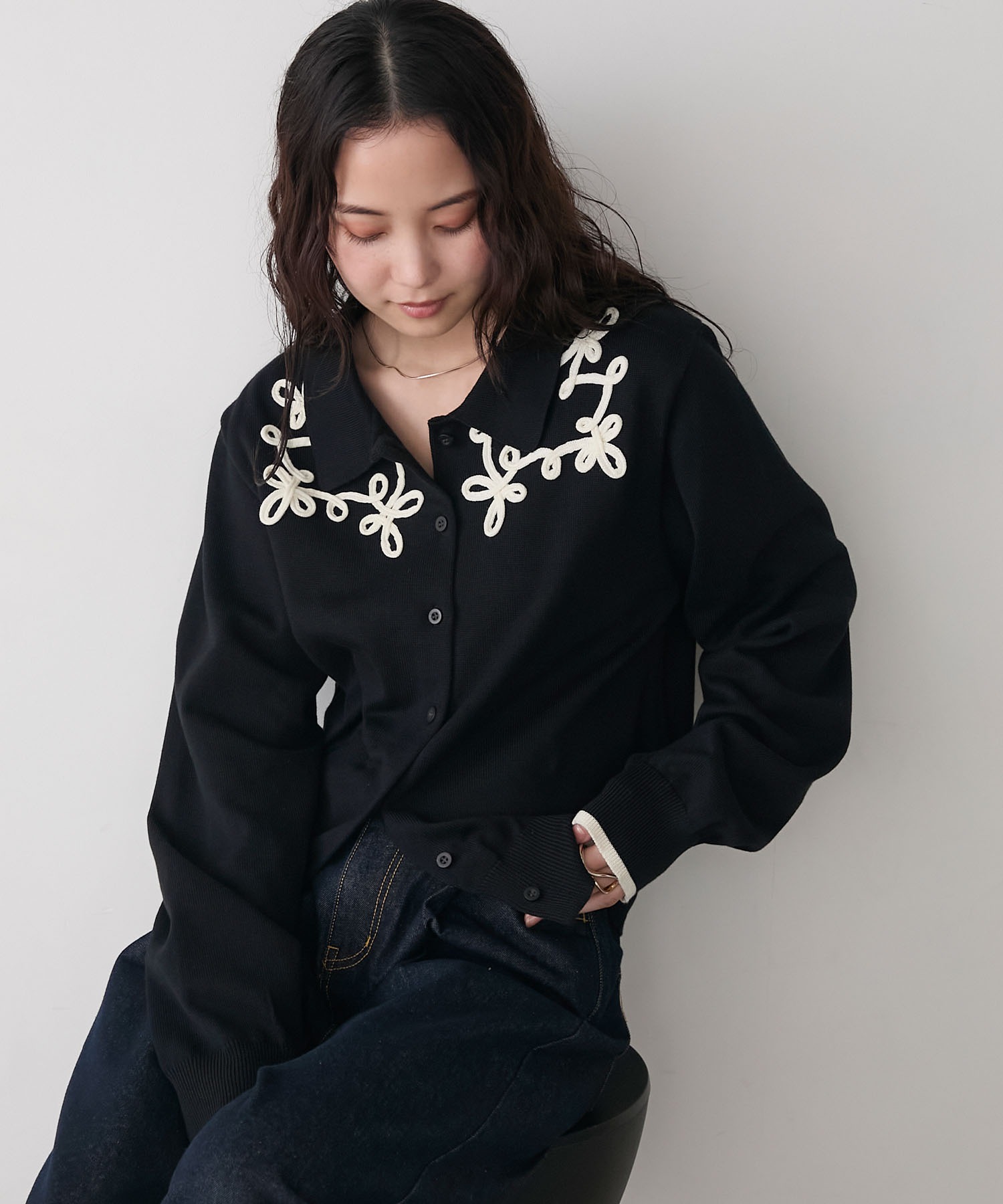 希少✨45rpm ニットカーディガン　ブラック　刺繍　ロゴ　サイズ3 ワンフォークロージング 1111clothing ニットカーディガン