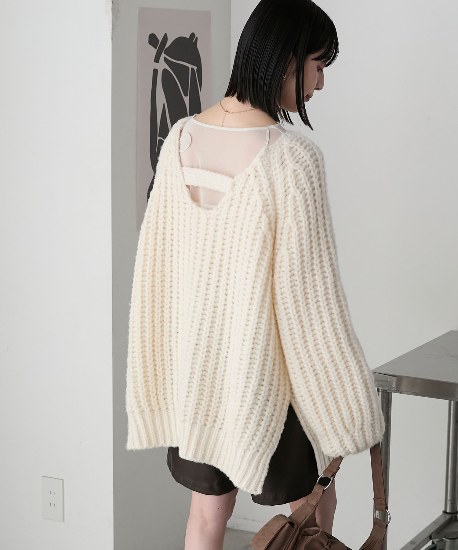 forksy.】バックシャンローゲージメランジニットプルオーバー