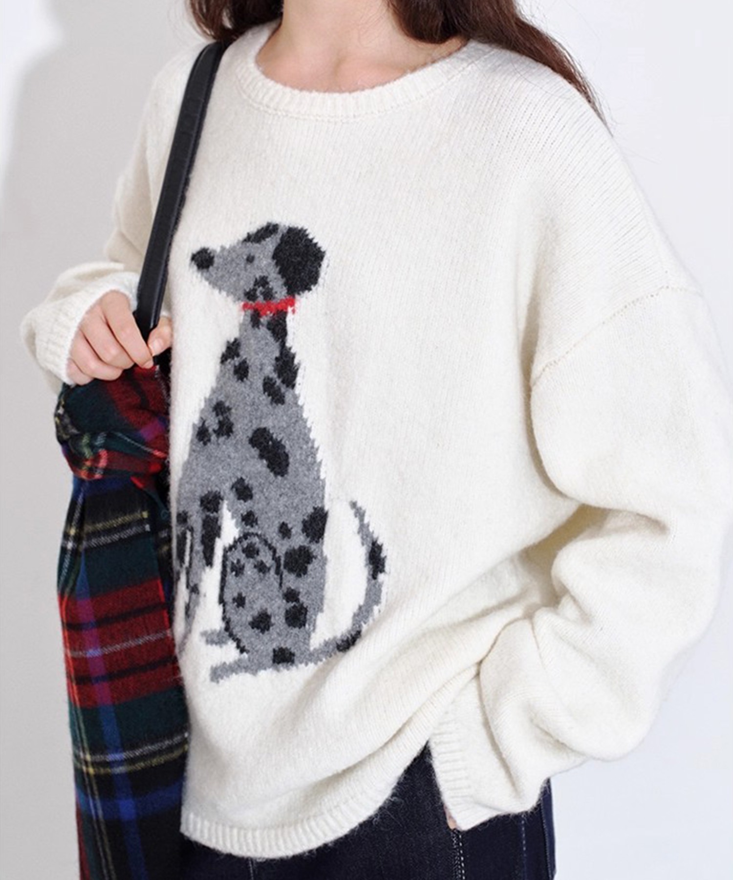 ラウンドネック ドッグプリント ウールニットトップス FQ25S267