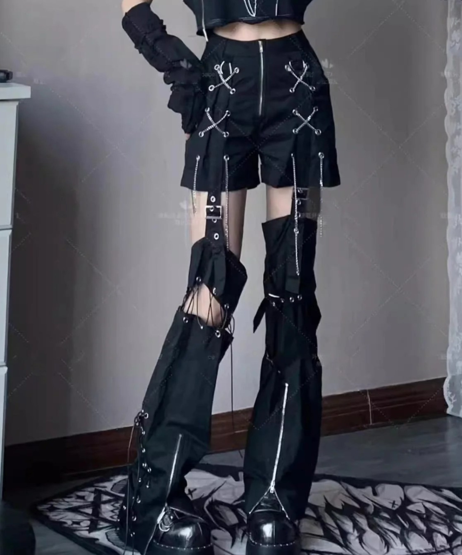 ゴスパン アームウォーマー付き長袖カットソー ファッション 服 レディース 黒  コーディ割part8/ wot092 ゴスパン アームウォーマー付き長袖カットソー ファッション 服