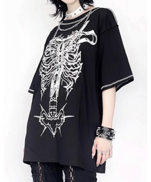 tシャツ A'GEM/9 × .kom 「AOSPACE」オフショルスカル半袖Tシャツ レディース A'GEM/9 × .kom 『AOSPACE』オフショルスカル半袖Tシャツ（T