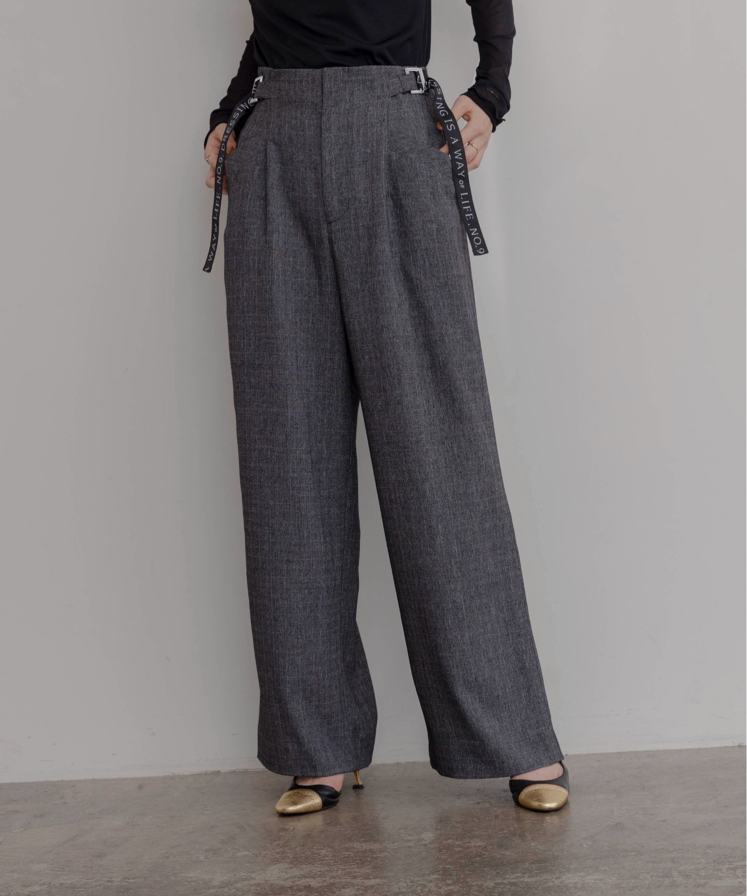 新品　今季　エイミーロウ　ロゴテープベルべットタックワイドパンツ ロゴテープベルト タックワイドパンツ Eimee Law│Eimee Law & LHELBIE