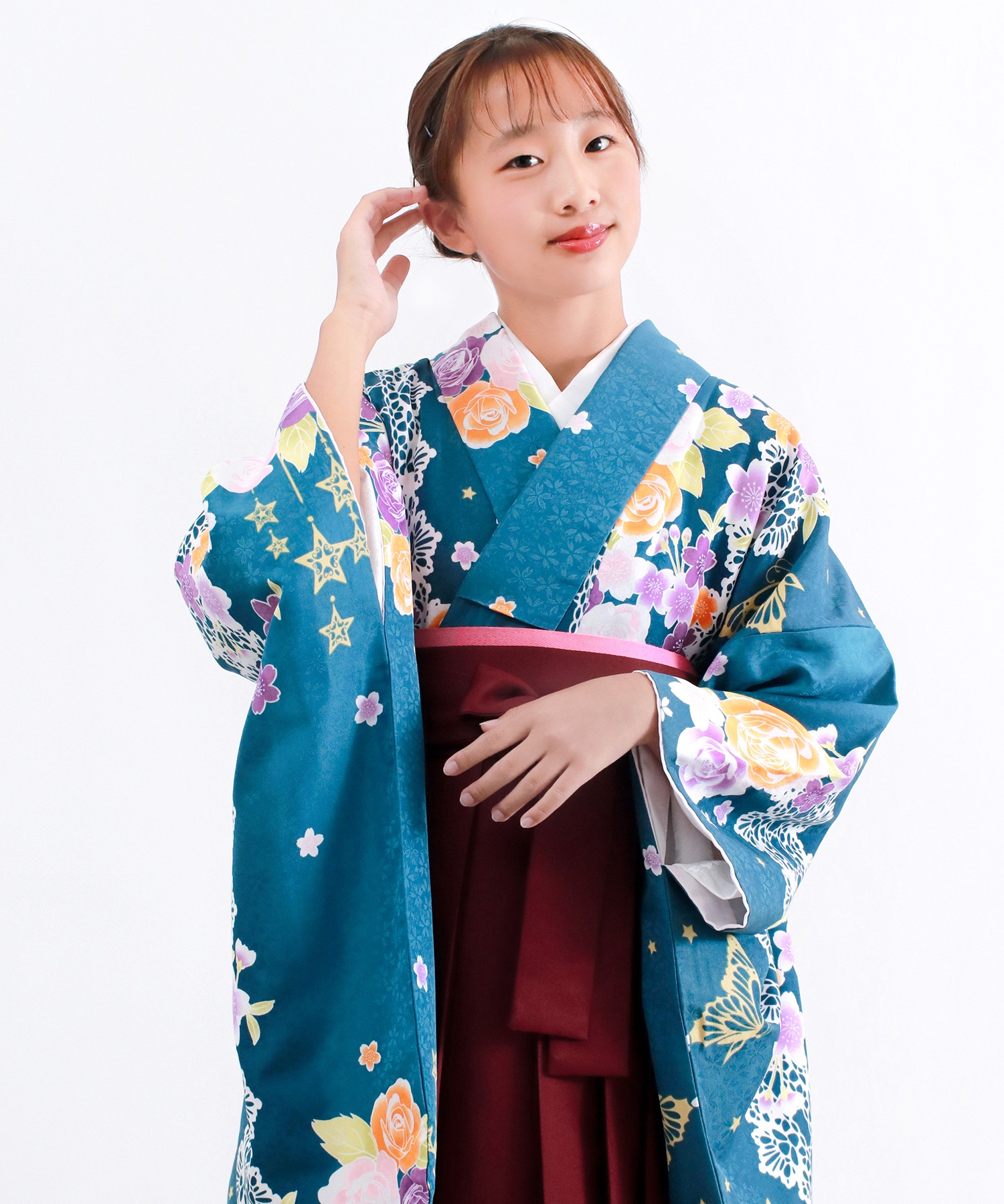 ジュニア袴 卒業式袴 水色 ジュニア袴4点セット 花和柄 卒業式