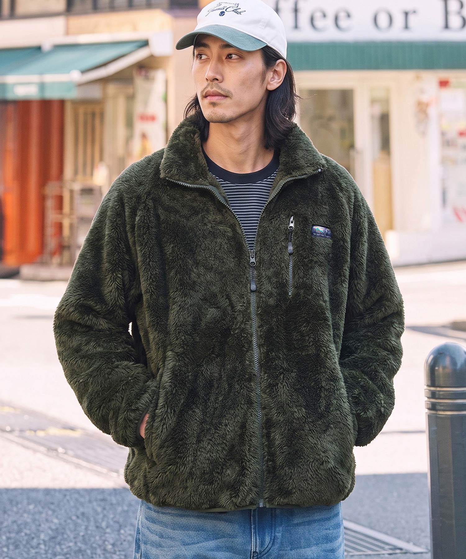 シャギーボアフリース ロゴ刺繍 オーバーサイズ ジップジャケット / 静