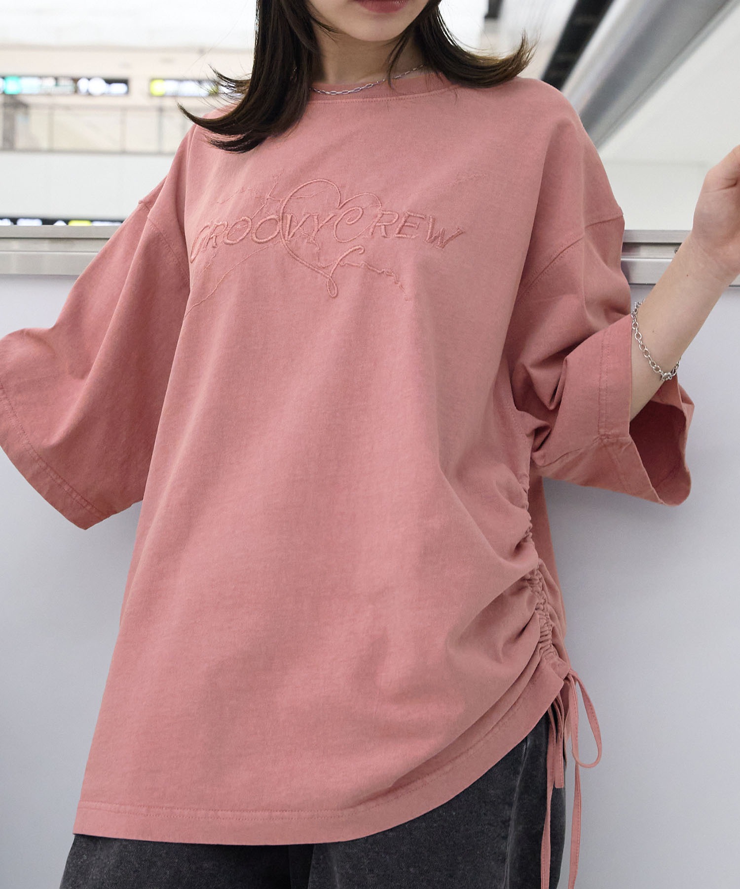ヴィンテージ加工サイドシャーリングデザイン刺繍半袖Tシャツ MONO 