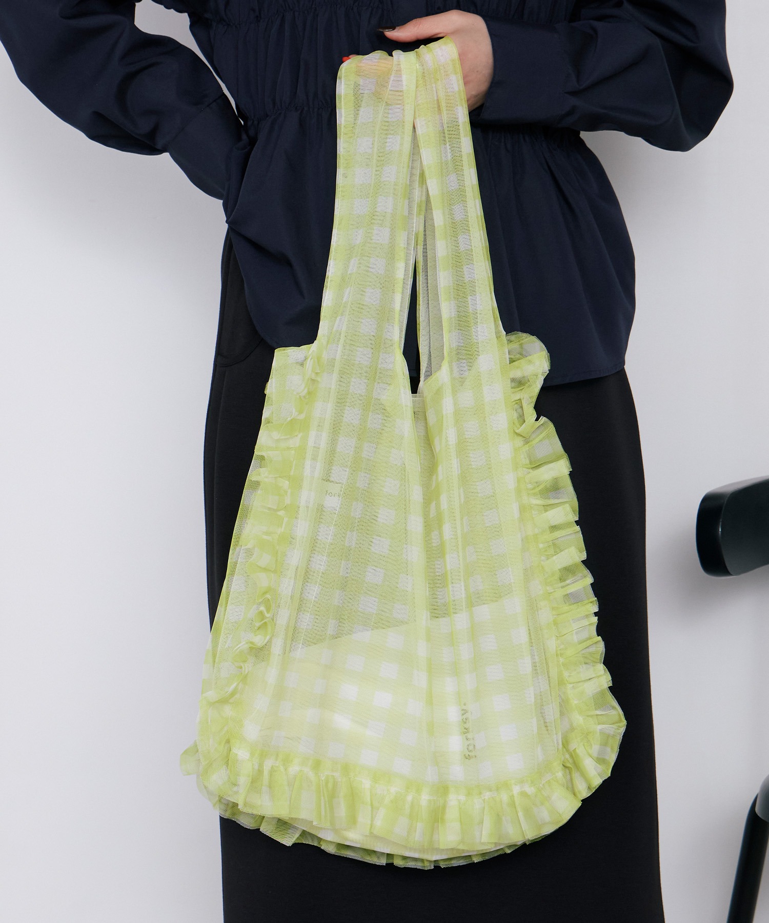 forksy.】シアーギンガムチェックリバーシブルフリルトートバック