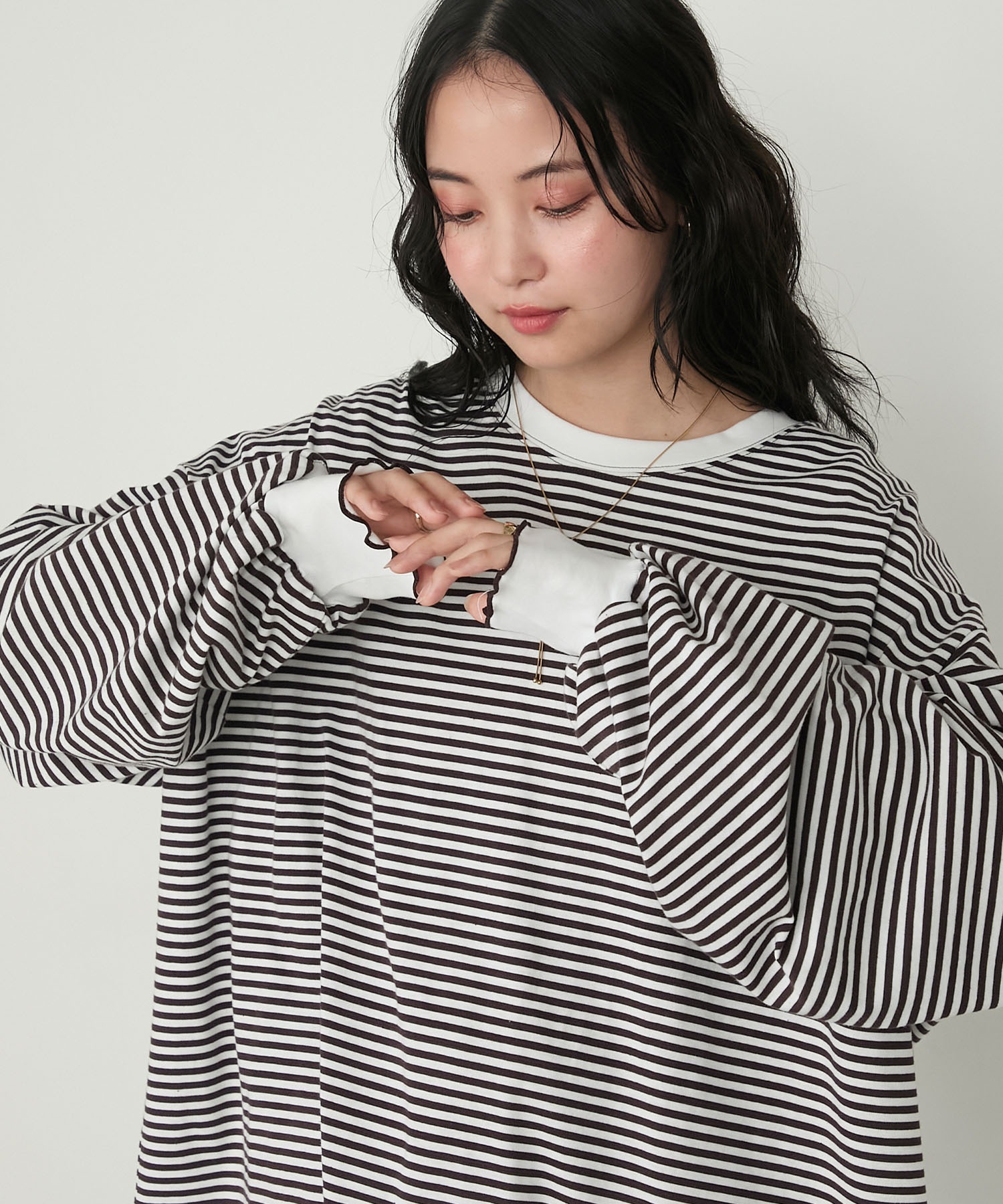 forksy.】メローボリューム袖オーバーサイズボーダー長袖Tシャツ 