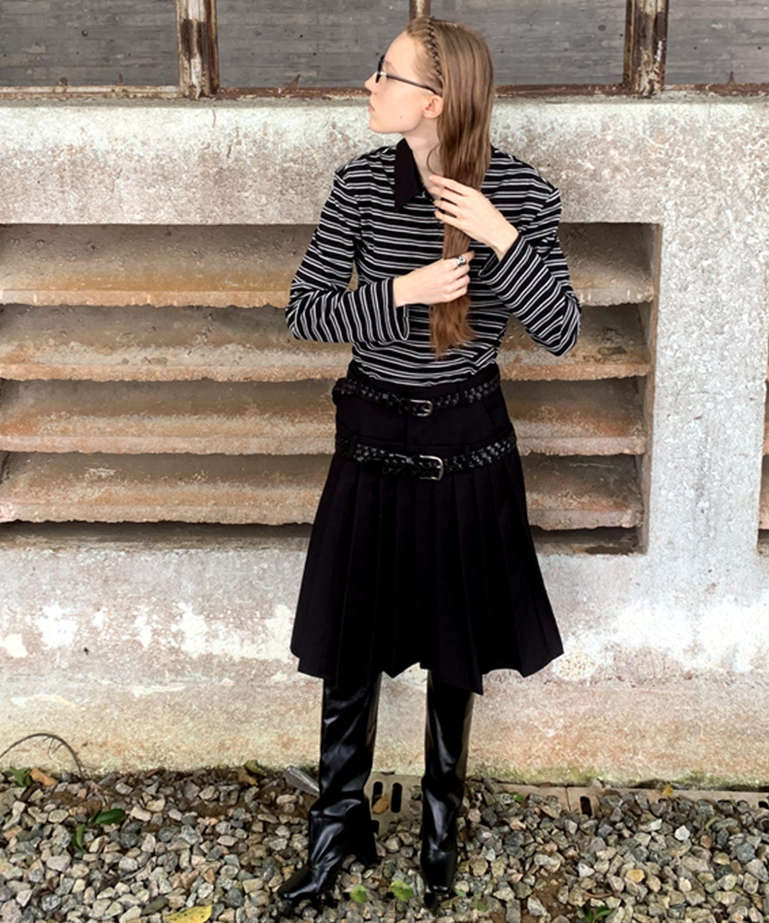 ダブルウエストデザイン プリーツスカート LON24a102