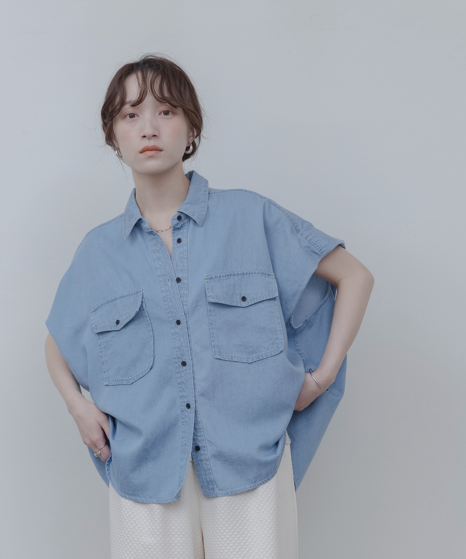 オフショルダーフレアテンセルデニムシャツ♡eimy テンセルデニム ドロップショルダーシャツ Eimee Law│Eimee Law