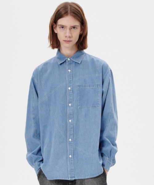 MR⭐︎モラビトブラン　【タグ付き新品未使用】デニムシャツ mahagrid/マハグリッド』STITCHED DENIM SHIRT/ステッチデニム シャツ