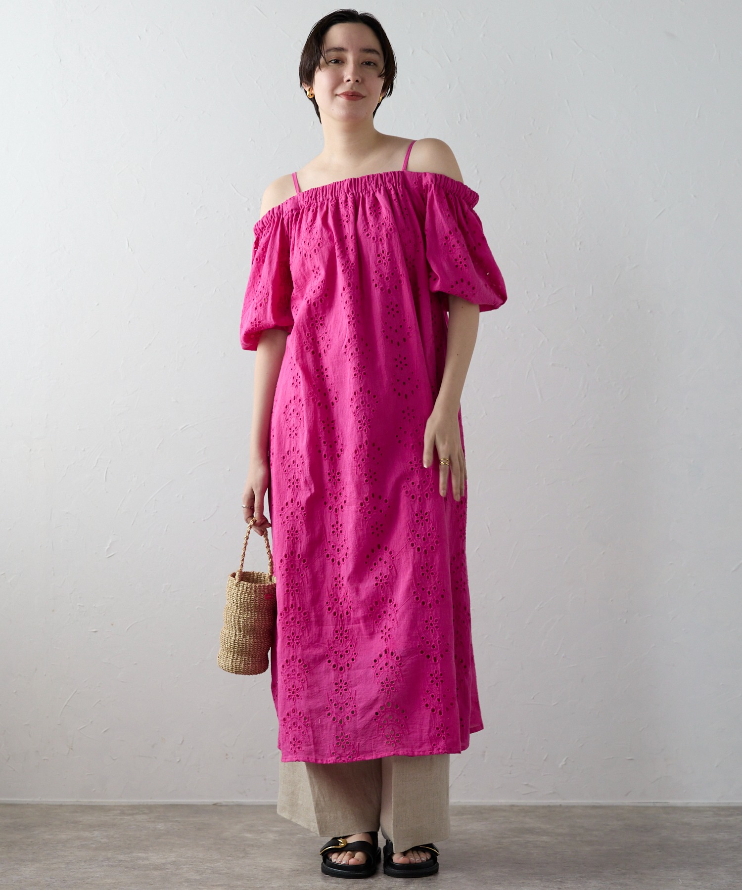 ★ほぼ新品○Indiaインド『Fabindia』ワンピース、ピンク 五分丈 BONJOUR SAGAN公式オンラインストア / Indian cut work off shoulder
