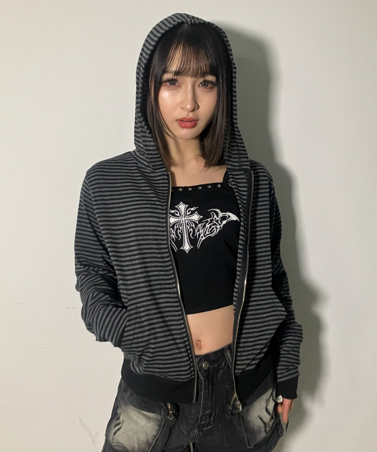 Yumin Haボーダーパーカー A'GEM/9 × .kom 『.KOM/ドットケーオーエム』 クロップボーダー ZIP