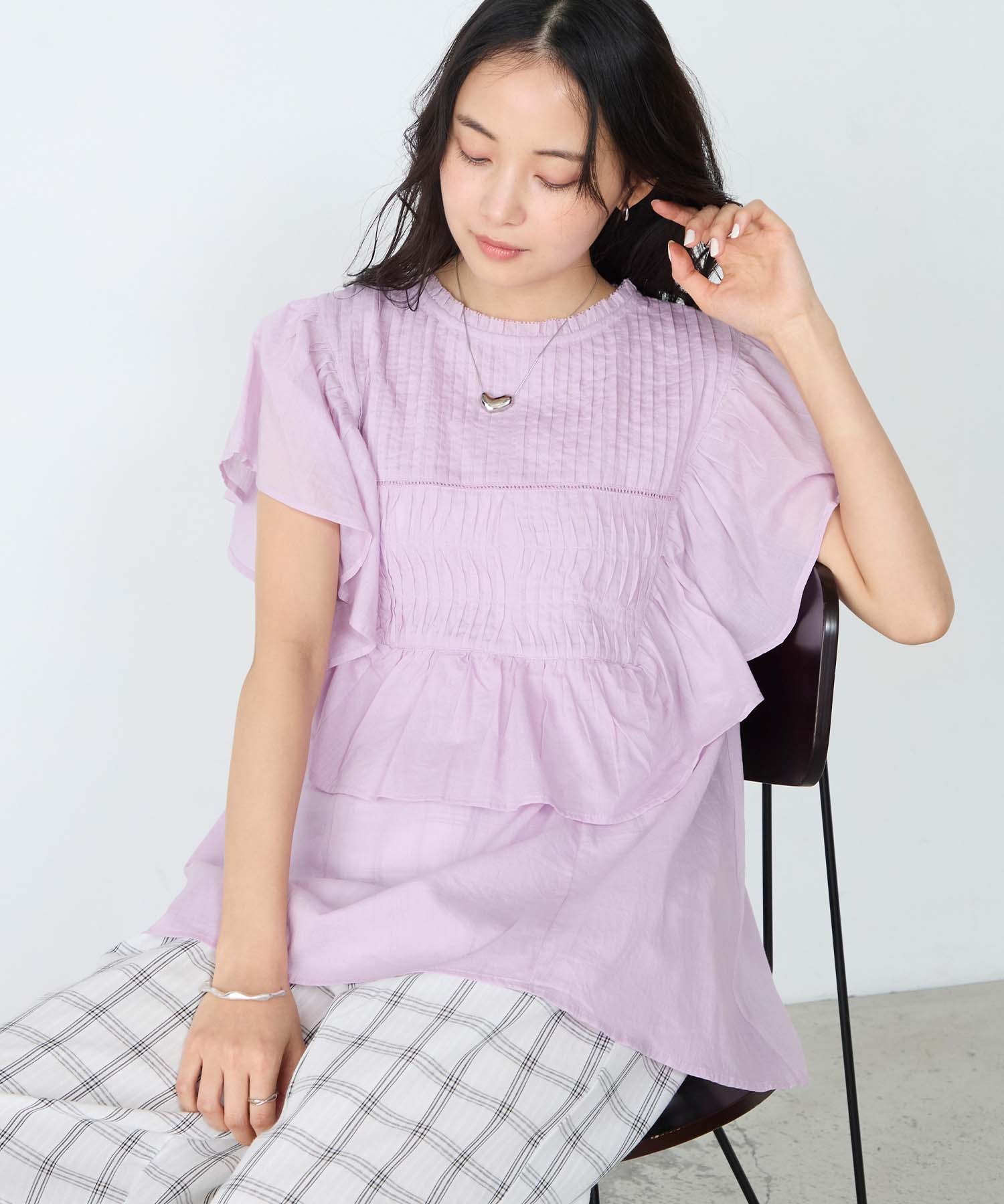 forksy.】インドコットン ラッフルフリル ピンタック シアーブラウス 
