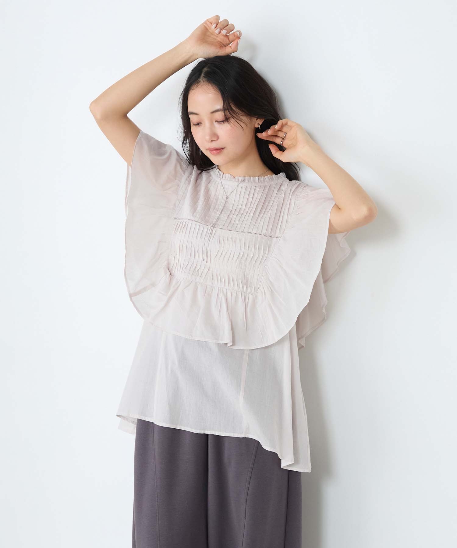 45rpmピンタックブラウスフリルネイビー2way シアーM