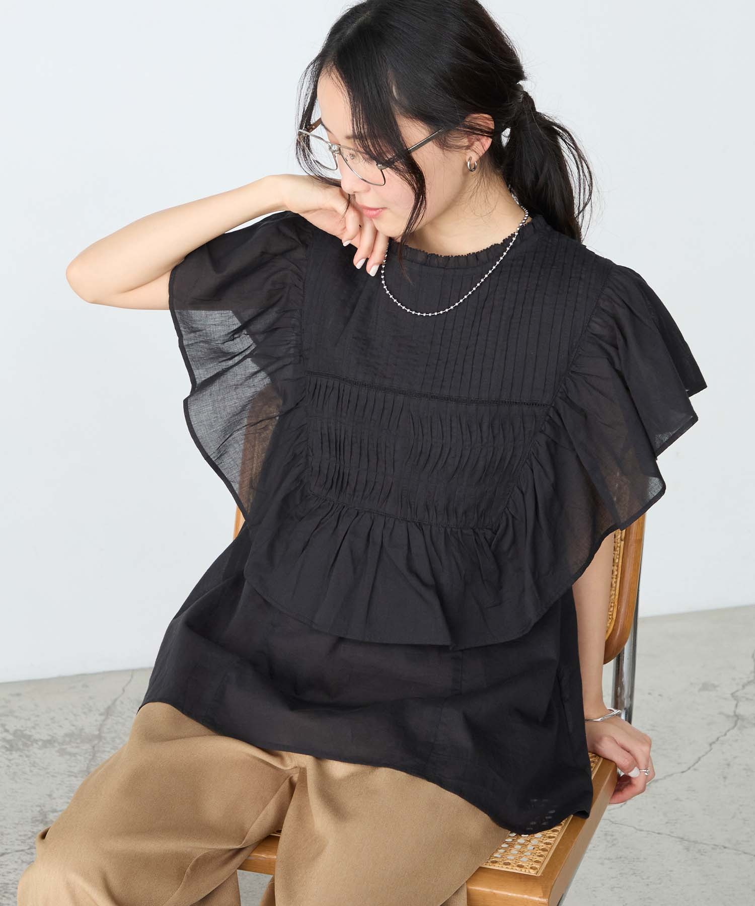 forksy.】インドコットン ラッフルフリル ピンタック シアーブラウス